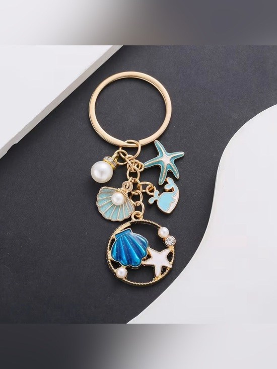 Accessories - Seashell Starfish Keychain Gold Tone Beach Theme Charms Blue Shells & Pearls NIP